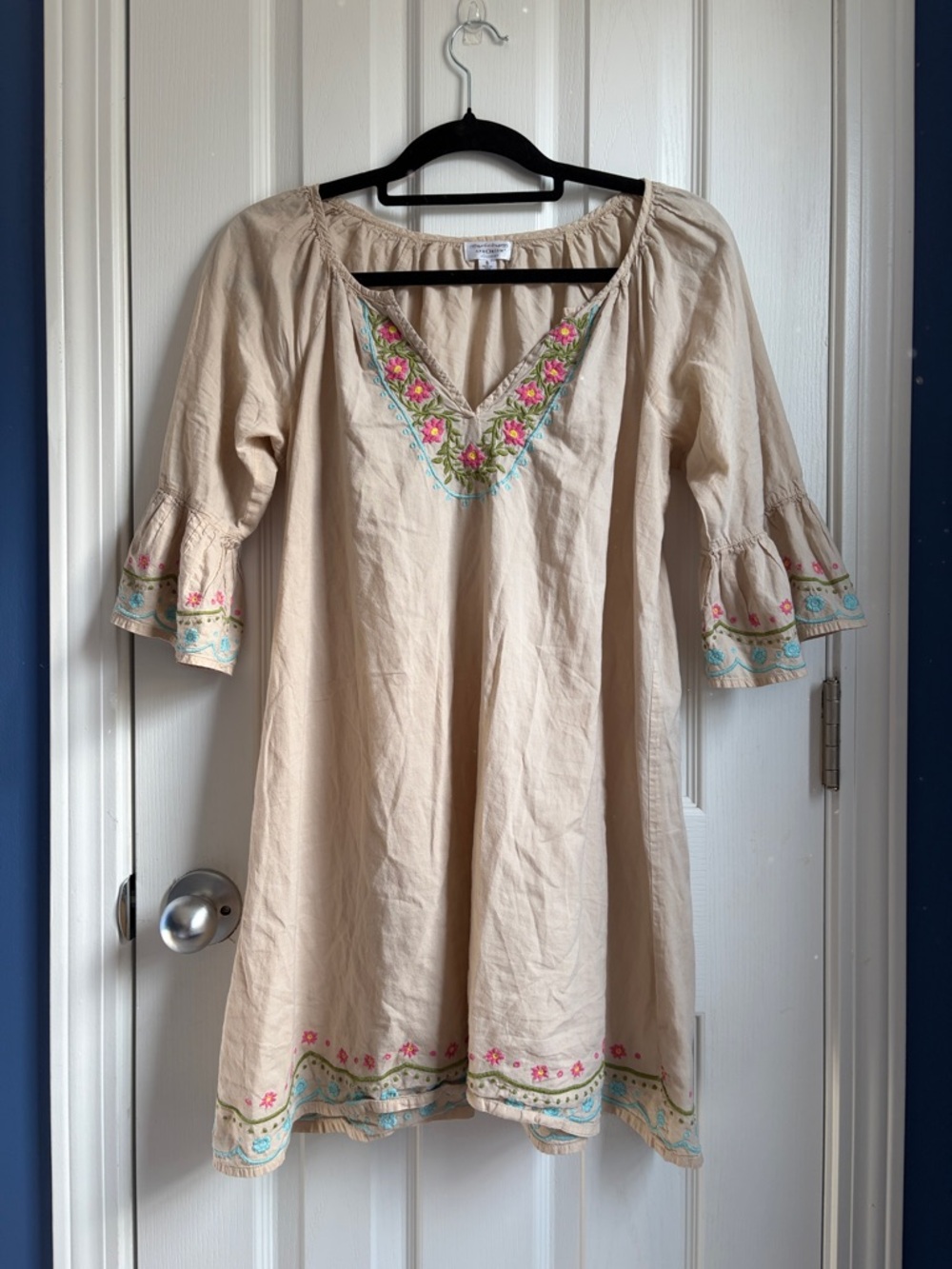 Aphorism Boho Floral Embroidered Cotton Tunic Dress Nightgown Size S